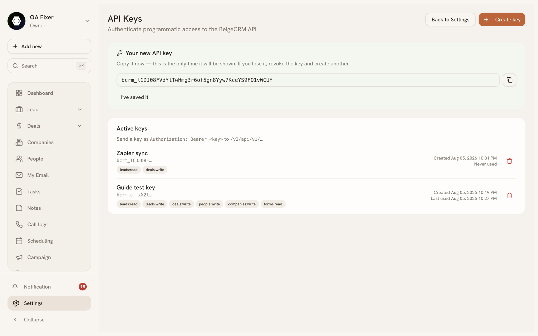 The API Keys settings page listing active keys with their permissions and last-used time