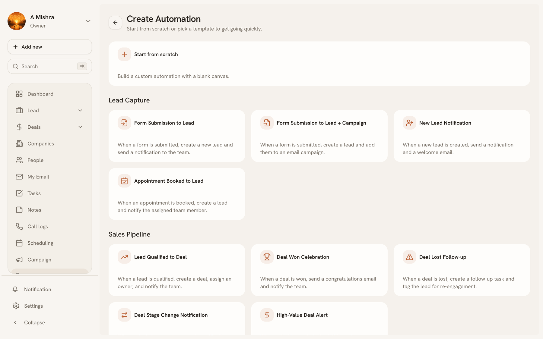 The template picker, grouped by Lead Capture and Sales Pipeline