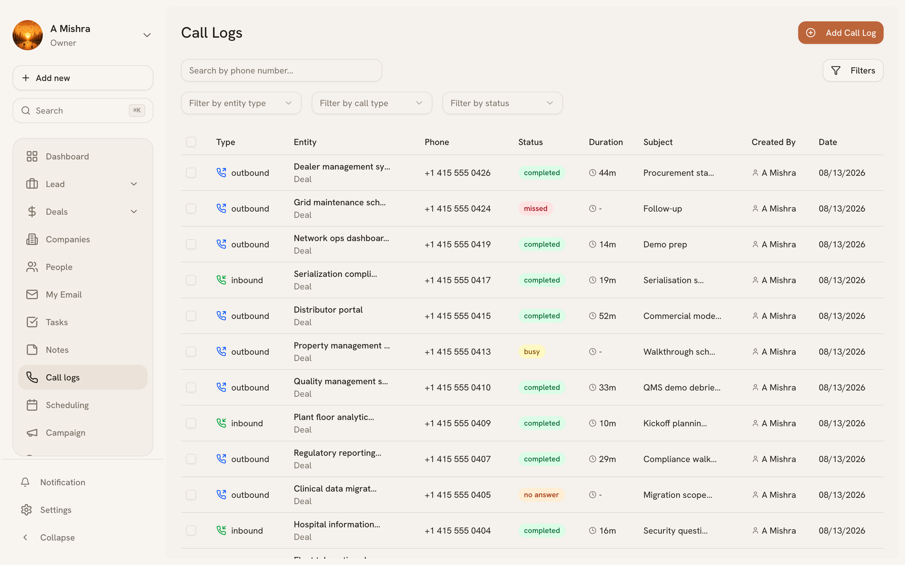 Call log list showing direction, contact, duration, outcome, and timestamp