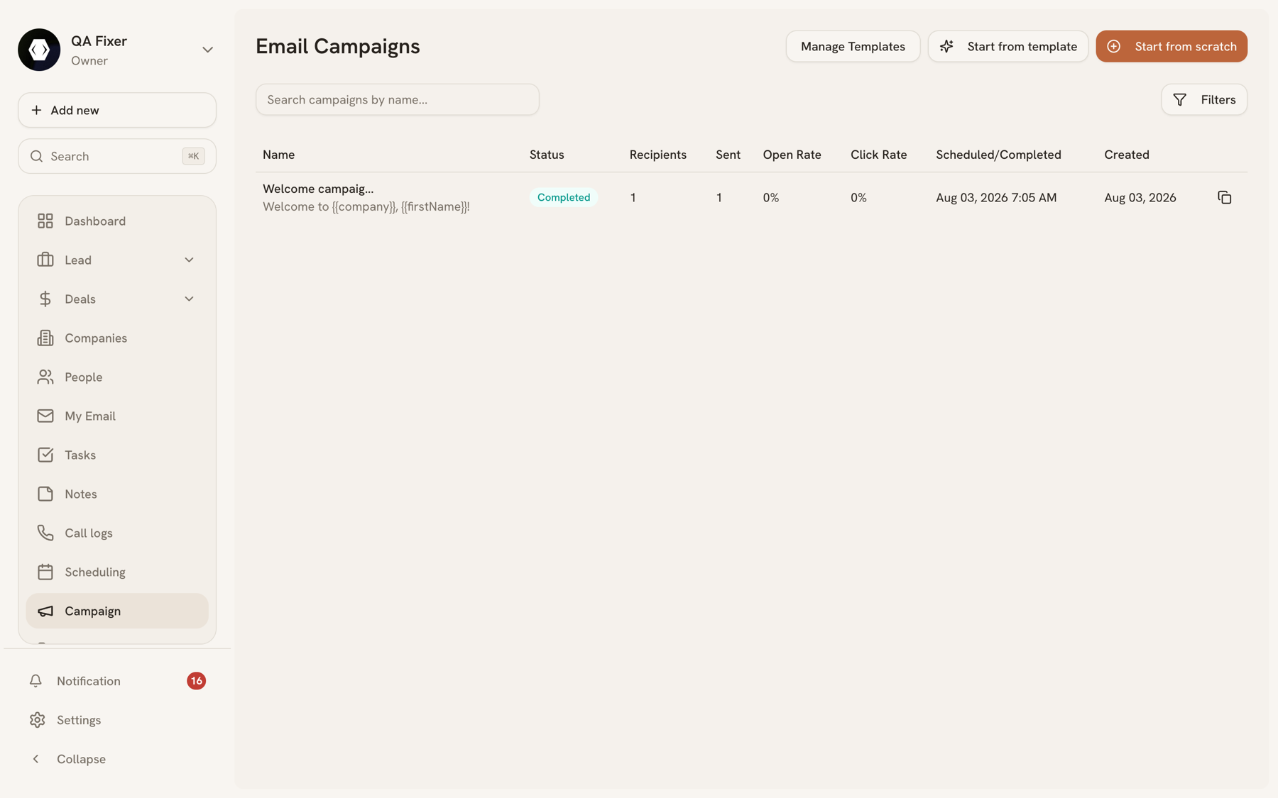 Campaign list showing name, type, status, and send statistics