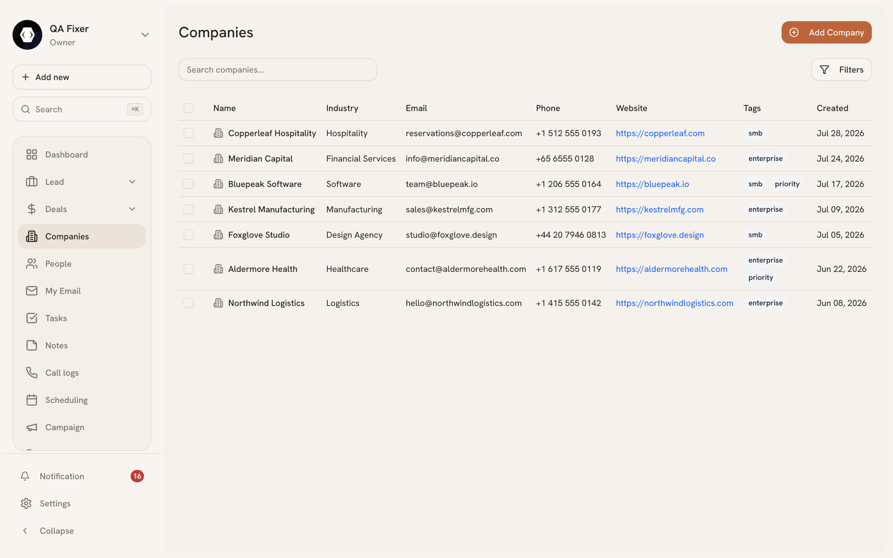 Companies list showing name, industry, size, and linked contact counts