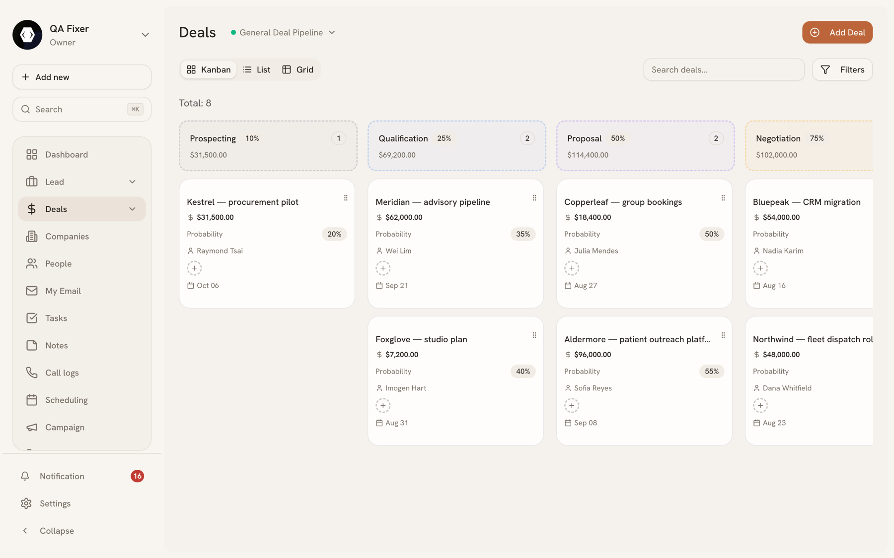 Deals board with cards in pipeline stage columns, each column showing its total value