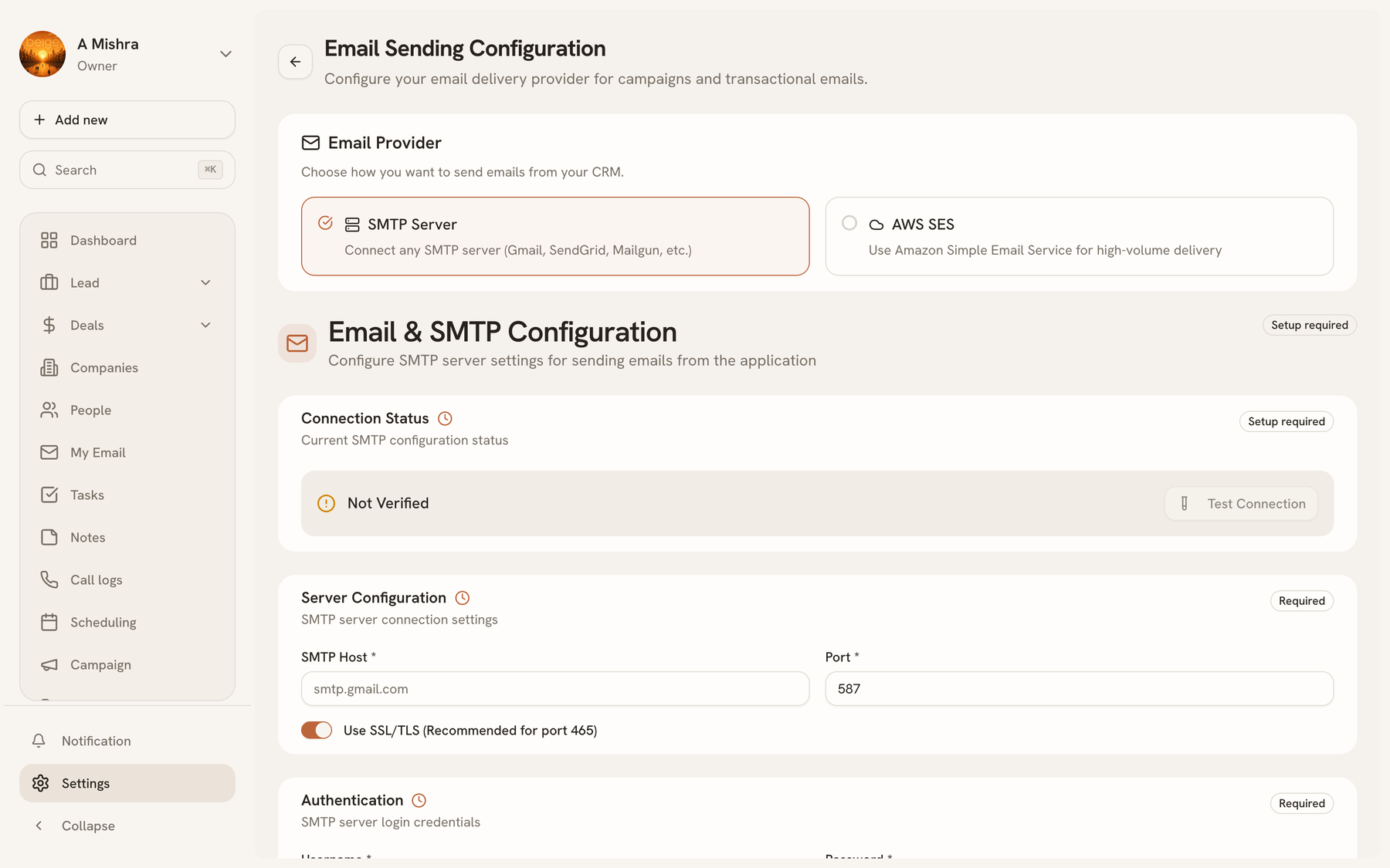 Email sending settings showing the configured provider