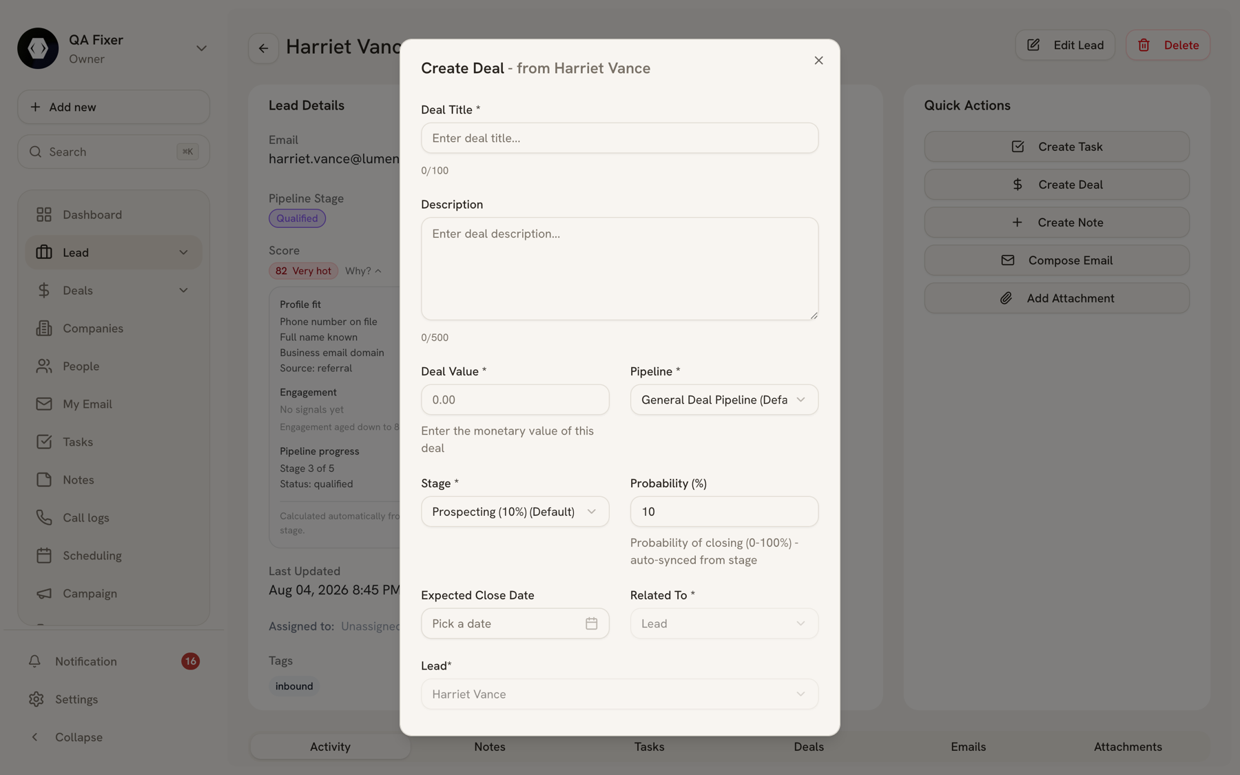 The Create Deal dialog opened from a lead, pre-linked to that lead