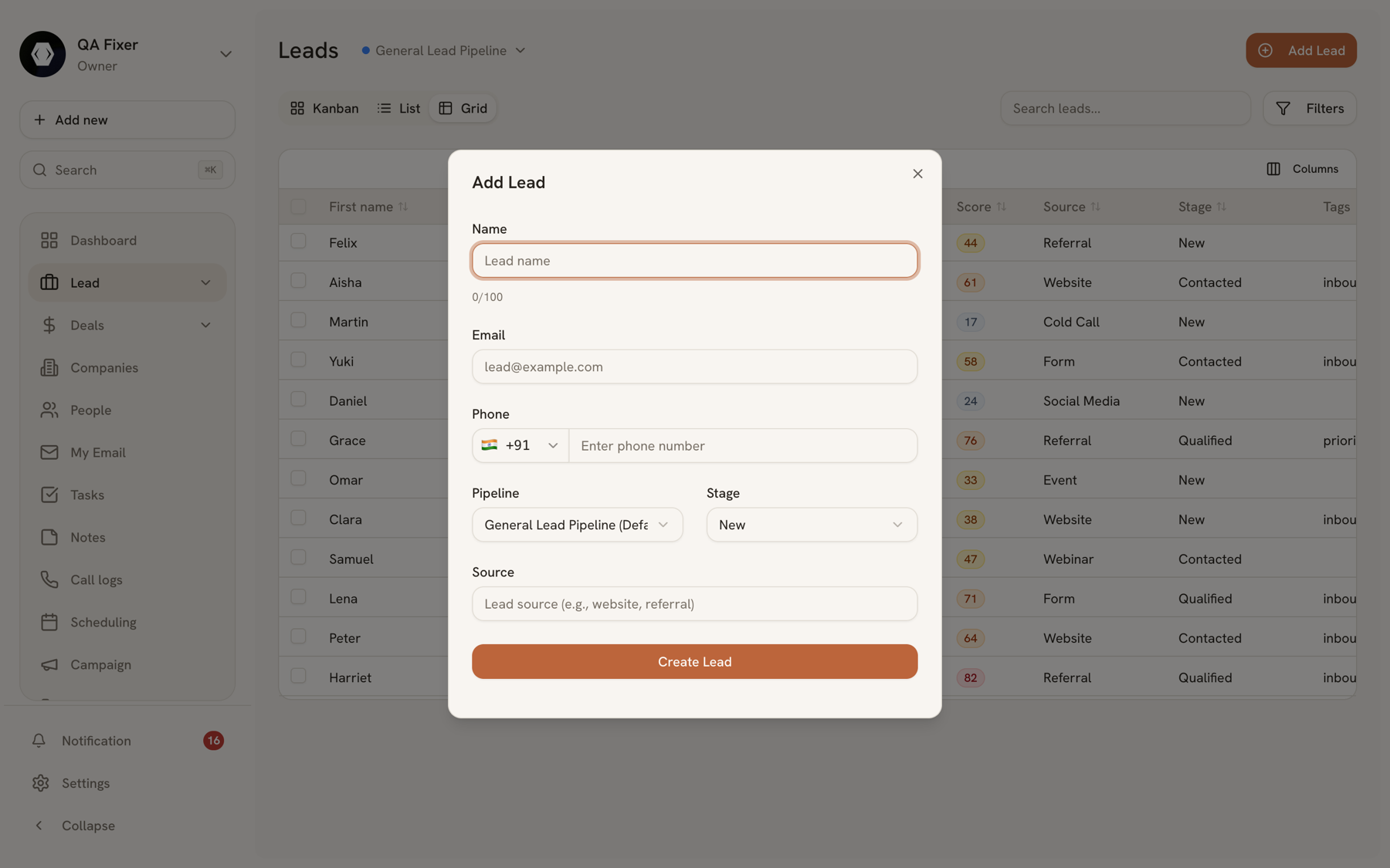 The Add Lead dialog with its available fields