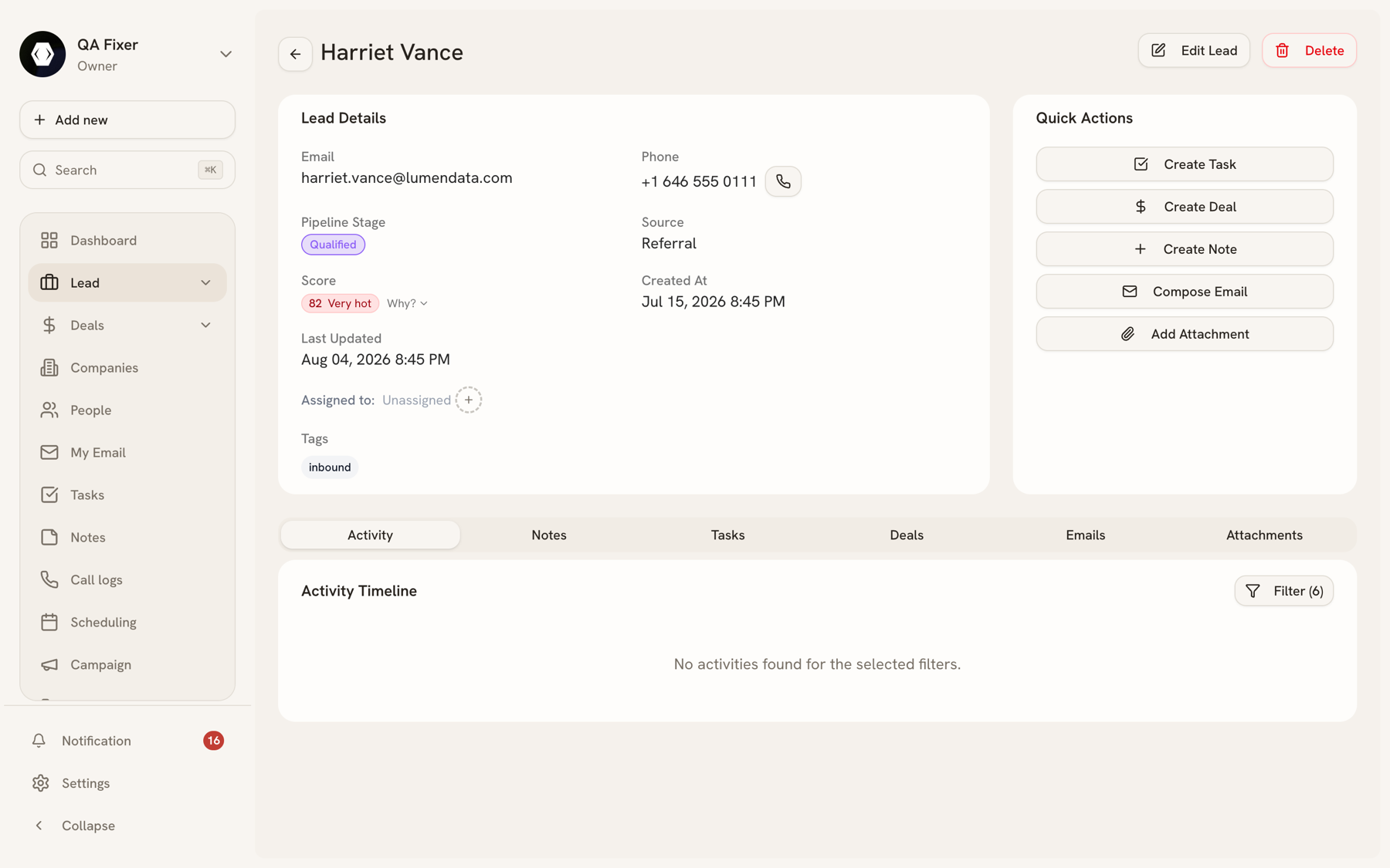 Lead detail page showing the profile panel and the six tabs