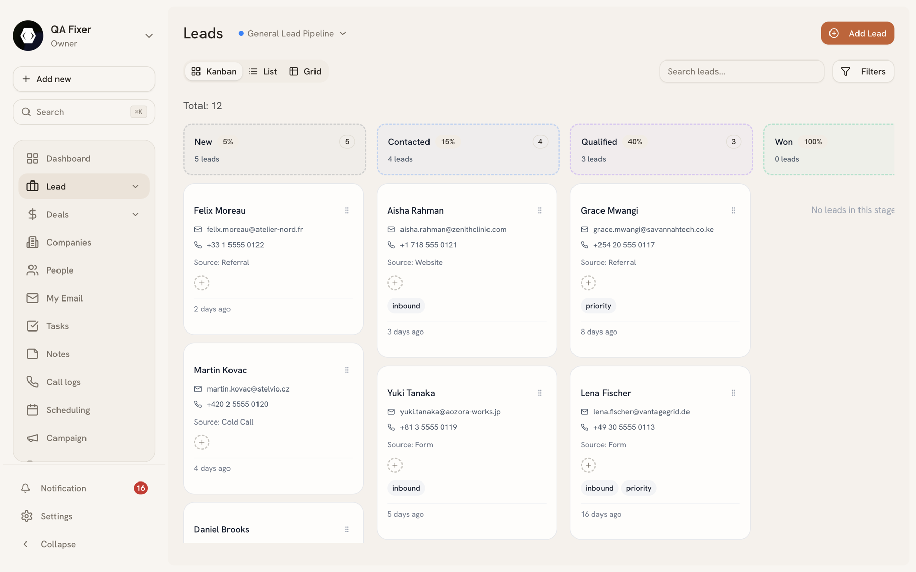 Kanban view with leads as cards in pipeline stage columns