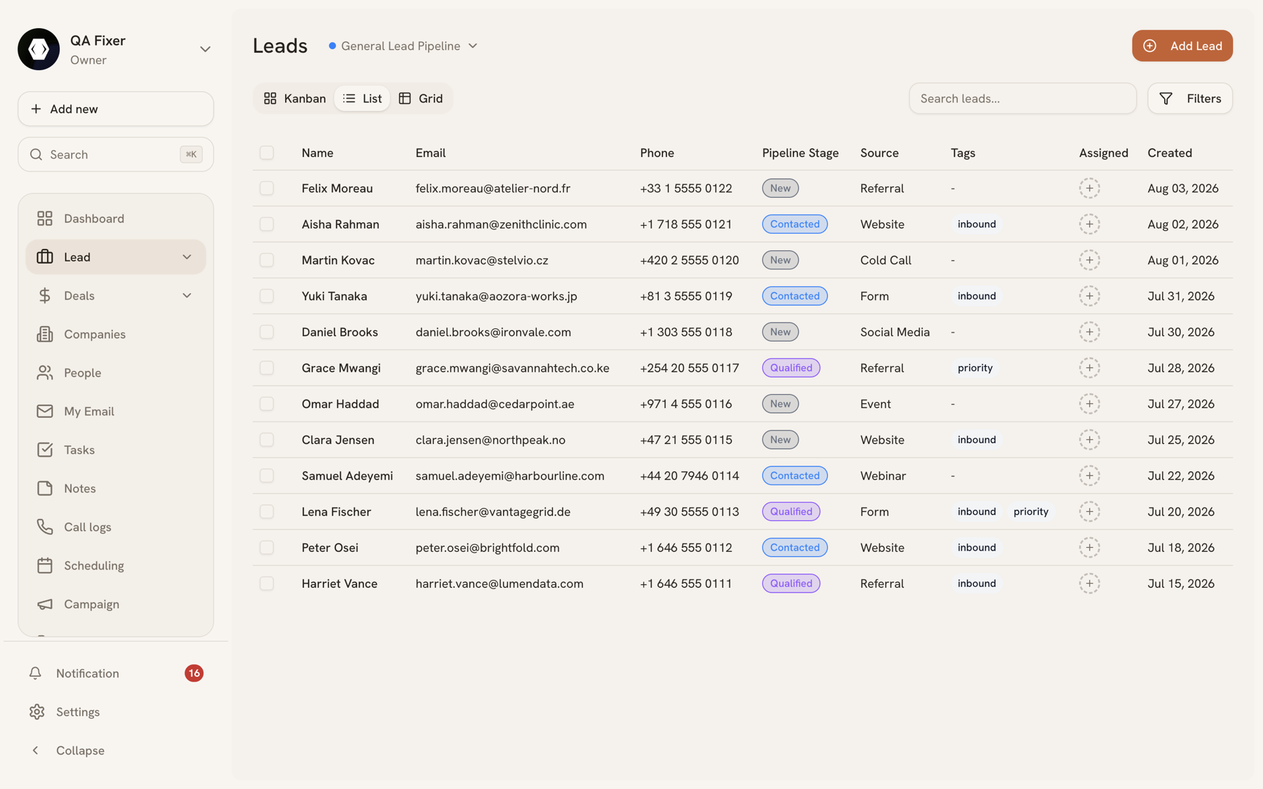 The Leads page showing the list view with score, source, and pipeline stage columns