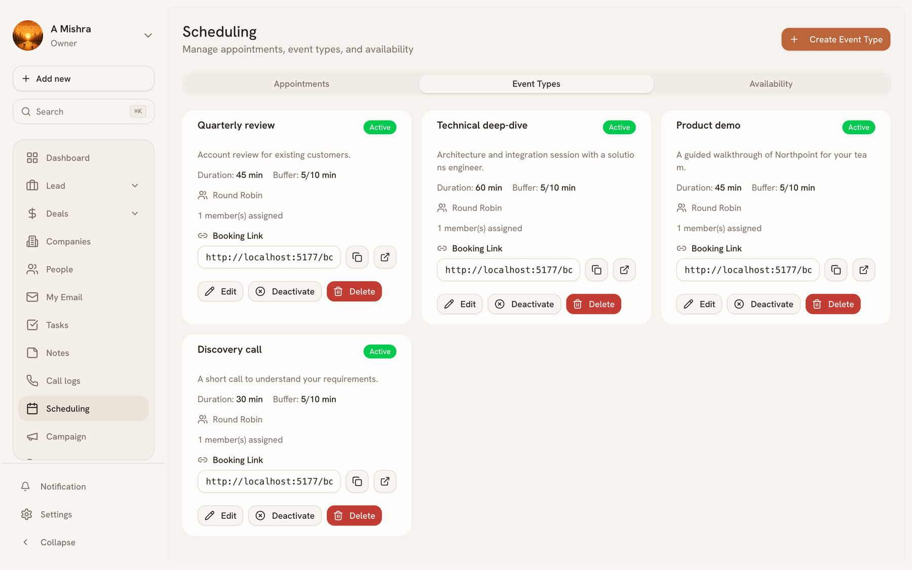Event Types tab showing each meeting type with its duration, assignment, and booking link