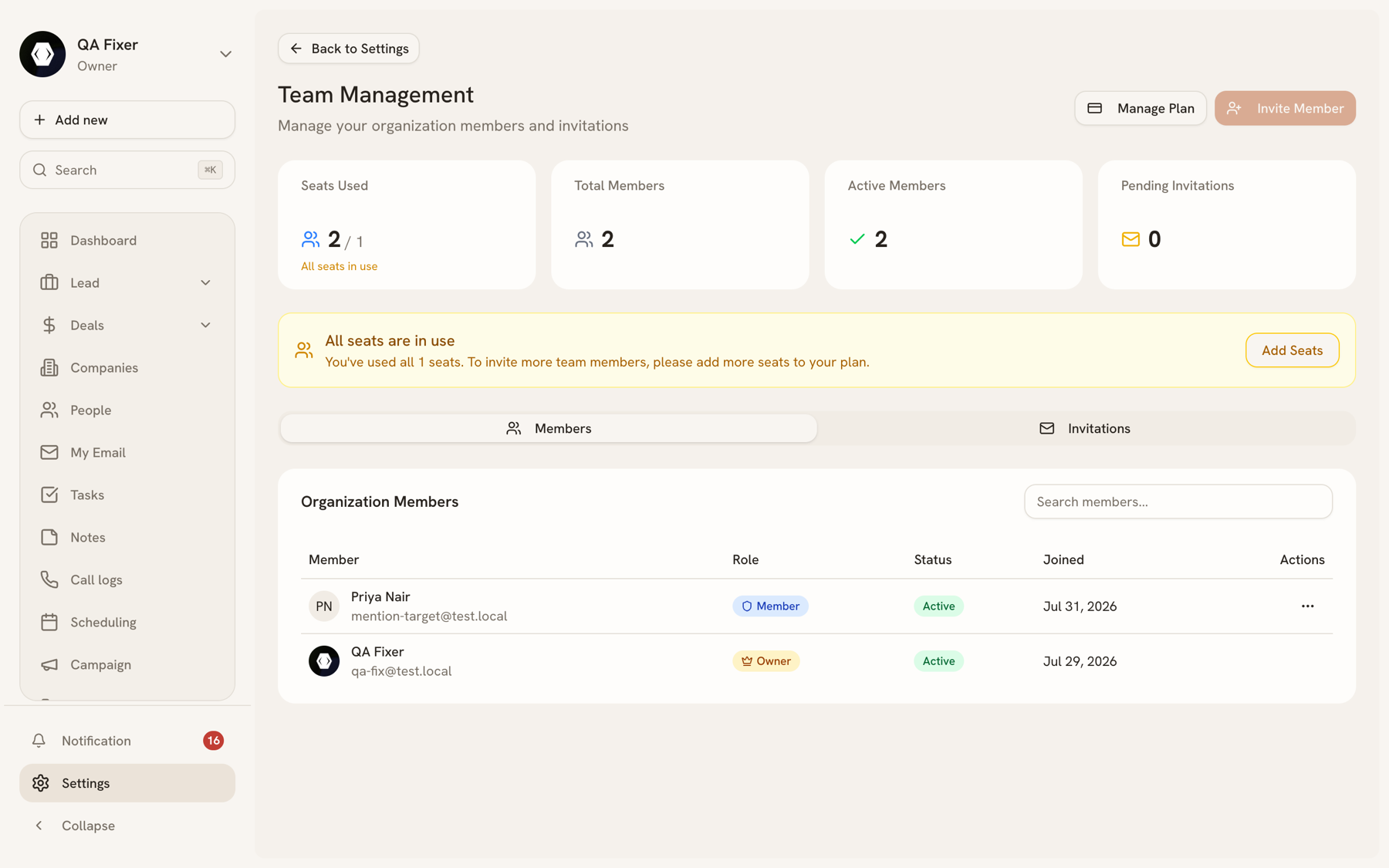 Team Management showing seat usage, members with their roles and status, and the invite control